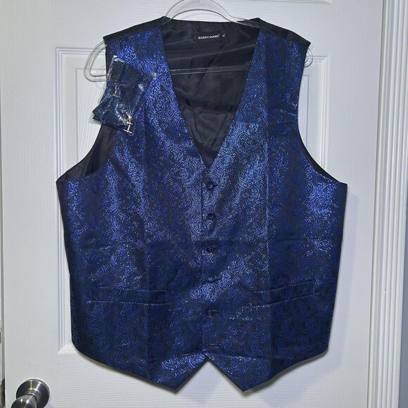 Barry.Wang Vest Men XL Blue Black Paisley Formal Set Bow Tie Hanky Wedding NWOT - Picture 1 of 10